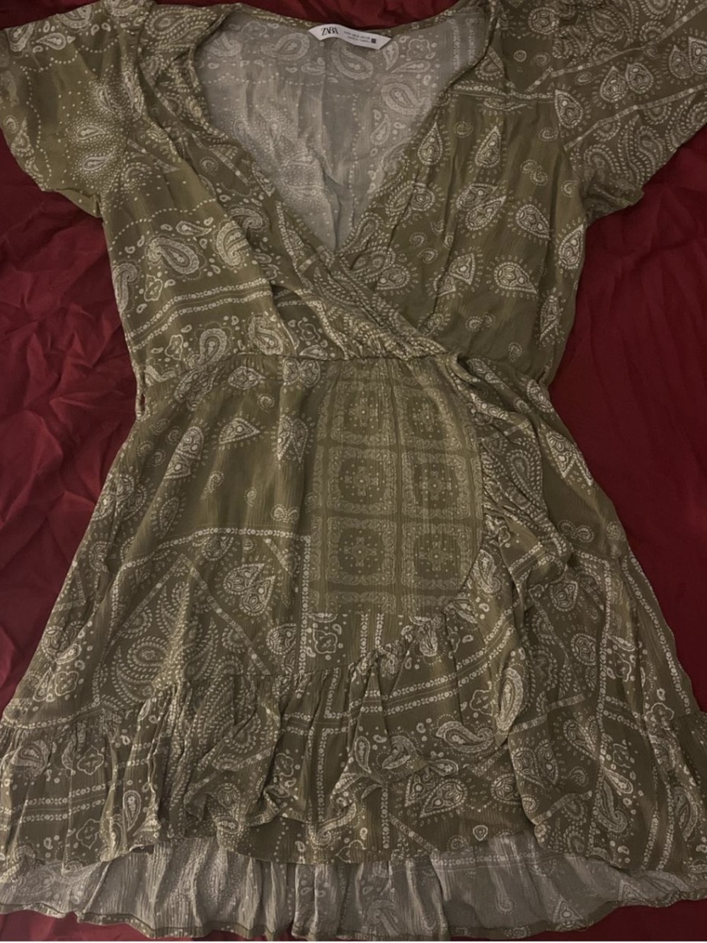 Zara Olive Paisley Wrap Dress with Cream Print